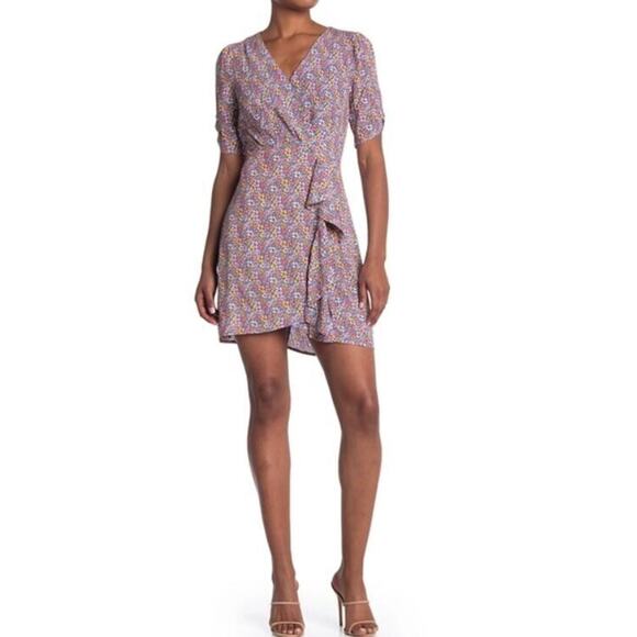 Lush Women's Surplice Neck Ruffle Wrap Short Sleeve Mini Dress Blue Ditsy Small - Picture 1 of 7